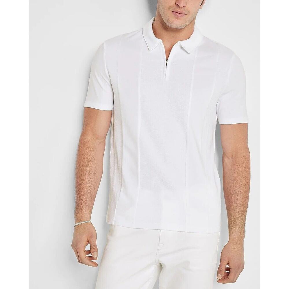 NEW Express White Polo Shirt Mens XL Waffle Pieced Zip Polo‎ Panel 1/4 Zipper